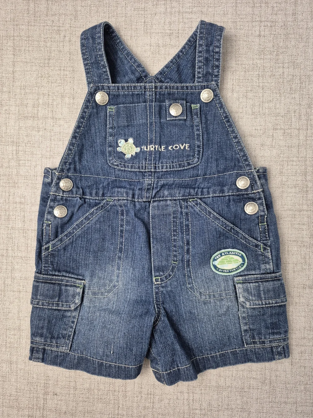 Vintage Y2k Koala Kids Baby Boys 12M Denim Turtle Shortalls & T-Shirt Set